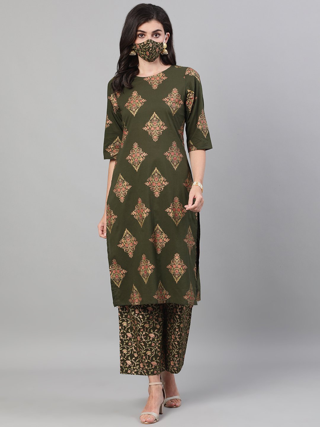 Women Mehendi Green and Pink Gold Printed Three-Quarter Sleeves Straight Kurta With Palazzo with pockets And Face Mask | NOZ2TOZ - Made In INDIA.