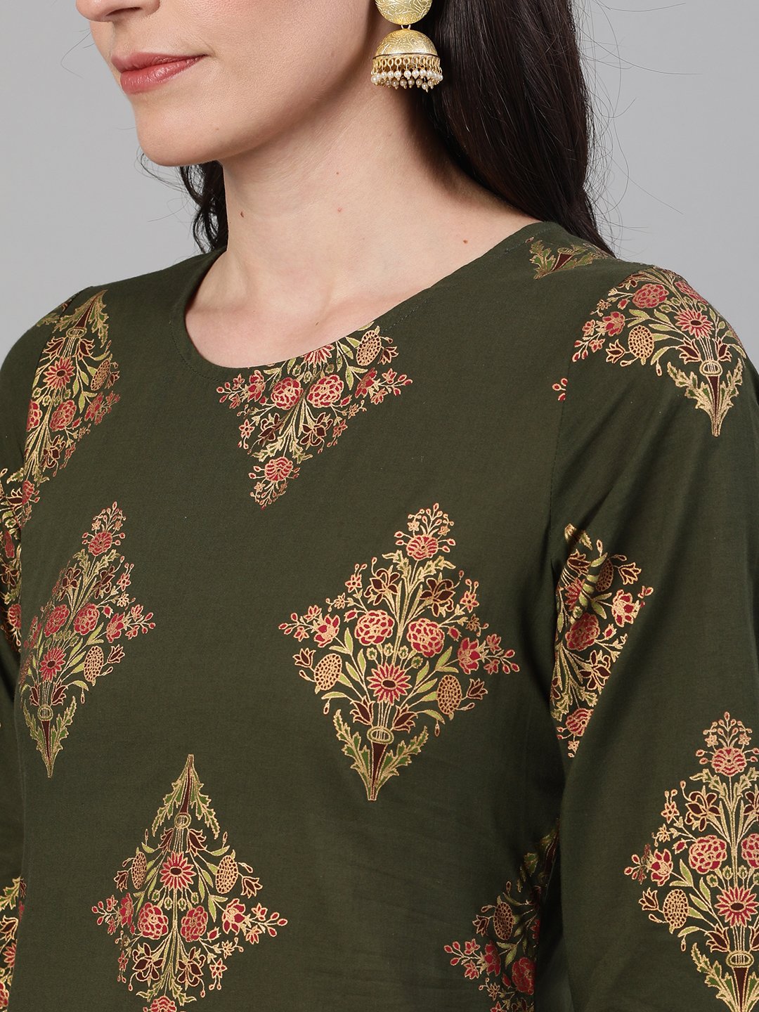 Women Mehendi Green and Pink Gold Printed Three-Quarter Sleeves Straight Kurta With Palazzo with pockets And Face Mask | NOZ2TOZ - Made In INDIA.