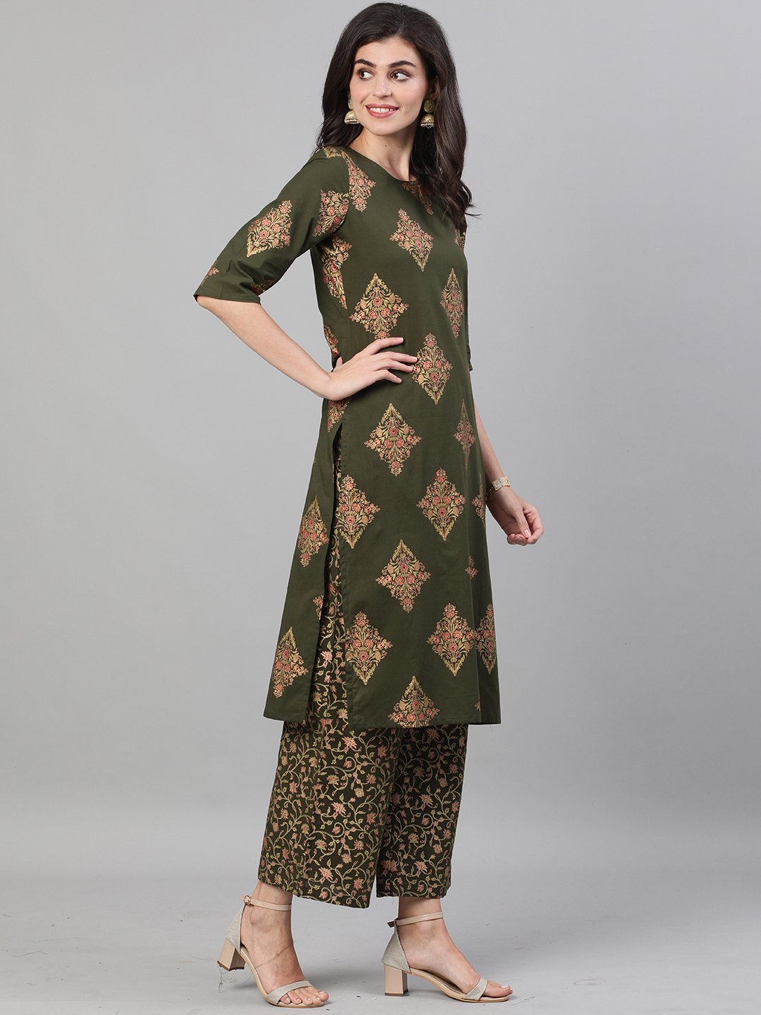 Women Mehendi Green and Pink Gold Printed Three-Quarter Sleeves Straight Kurta With Palazzo with pockets And Face Mask | NOZ2TOZ - Made In INDIA.