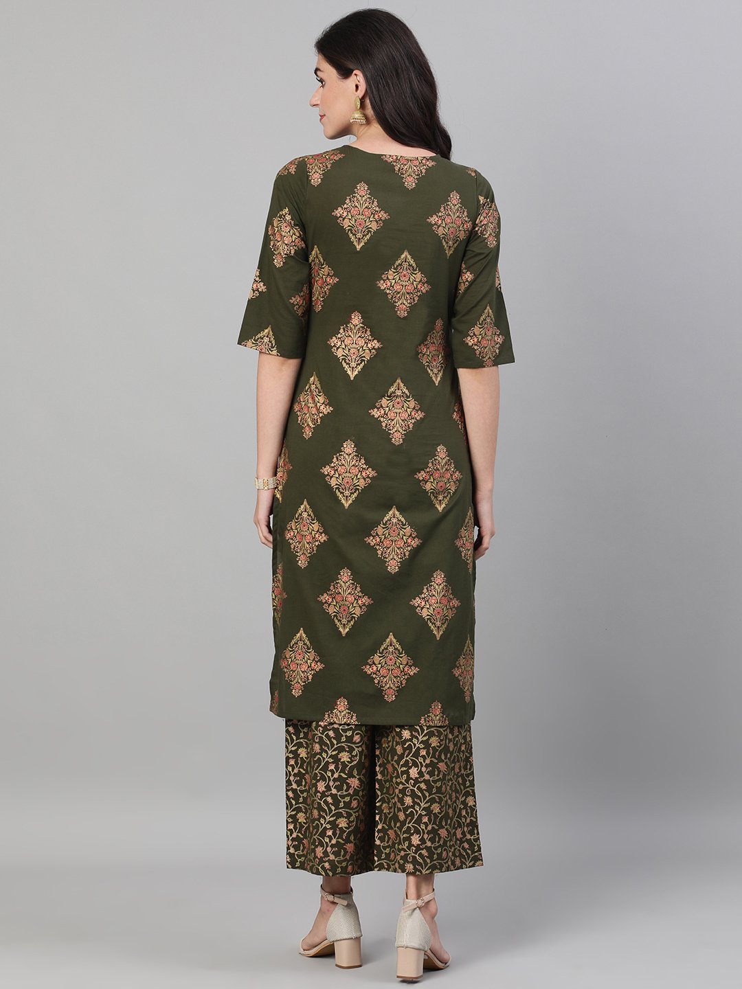 Women Mehendi Green and Pink Gold Printed Three-Quarter Sleeves Straight Kurta With Palazzo with pockets And Face Mask | NOZ2TOZ - Made In INDIA.