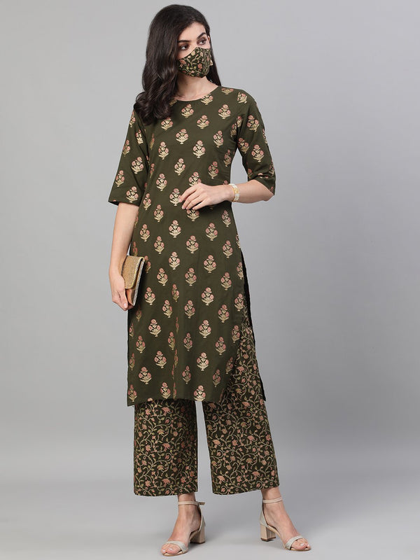 Women Mehendi Green and Pink Gold Printed Three-Quarter Sleeves Straight Kurta With Palazzo with pockets And Face Mask | NOZ2TOZ - Made In INDIA.