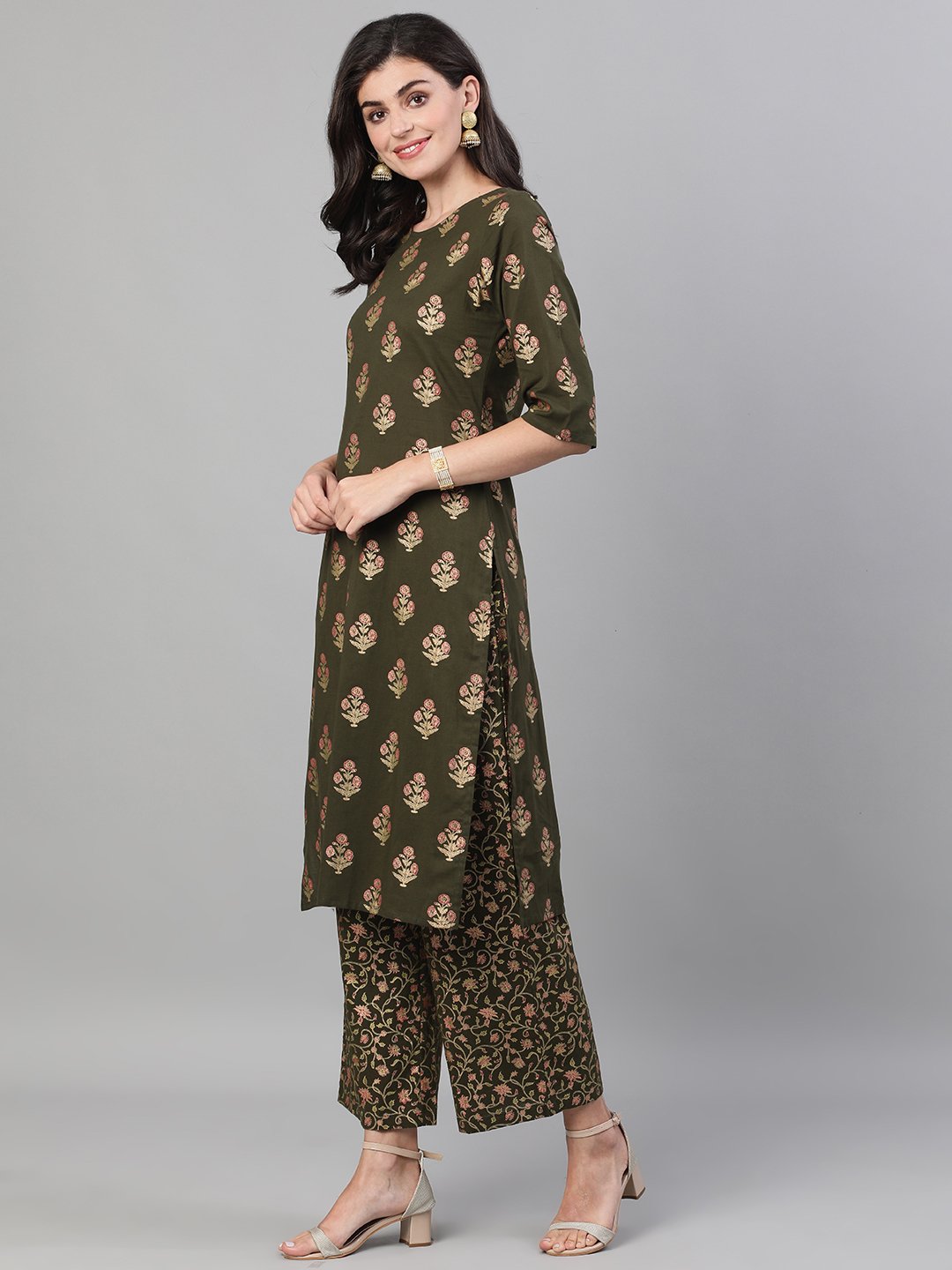 Women Mehendi Green and Pink Gold Printed Three-Quarter Sleeves Straight Kurta With Palazzo with pockets And Face Mask | NOZ2TOZ - Made In INDIA.