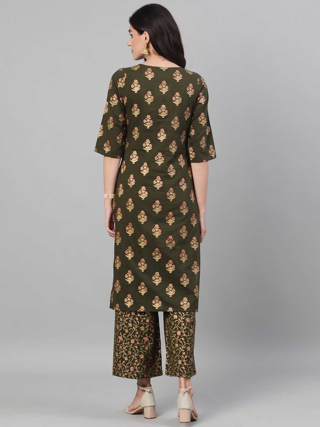 Women Mehendi Green and Pink Gold Printed Three-Quarter Sleeves Straight Kurta With Palazzo with pockets And Face Mask | NOZ2TOZ - Made In INDIA.