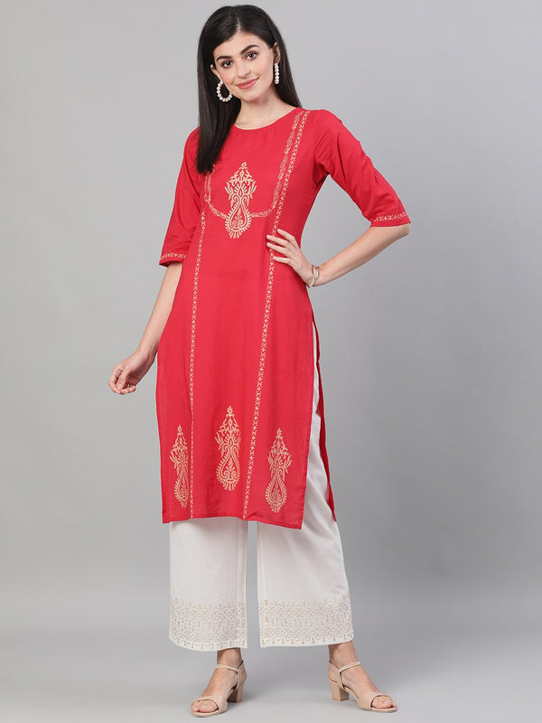 Women Red and White Three-Quarter Sleeves Block Printed Straight Kurta With Palazzo and pockets | NOZ2TOZ - Made In INDIA.