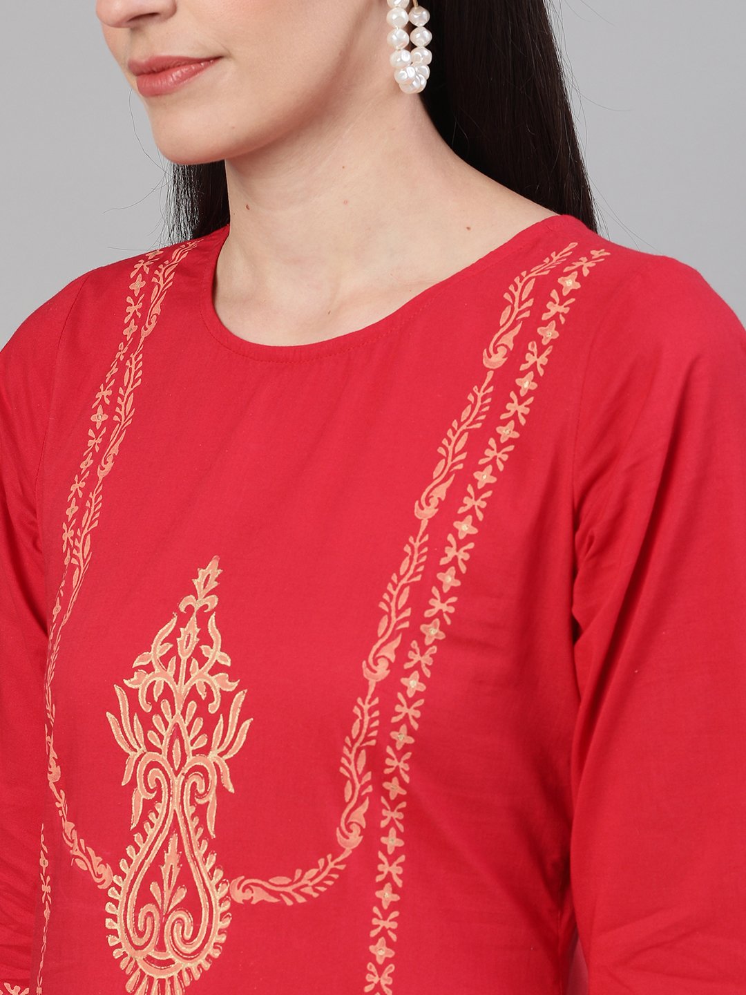 Women Red and White Three-Quarter Sleeves Block Printed Straight Kurta With Palazzo and pockets | NOZ2TOZ - Made In INDIA.