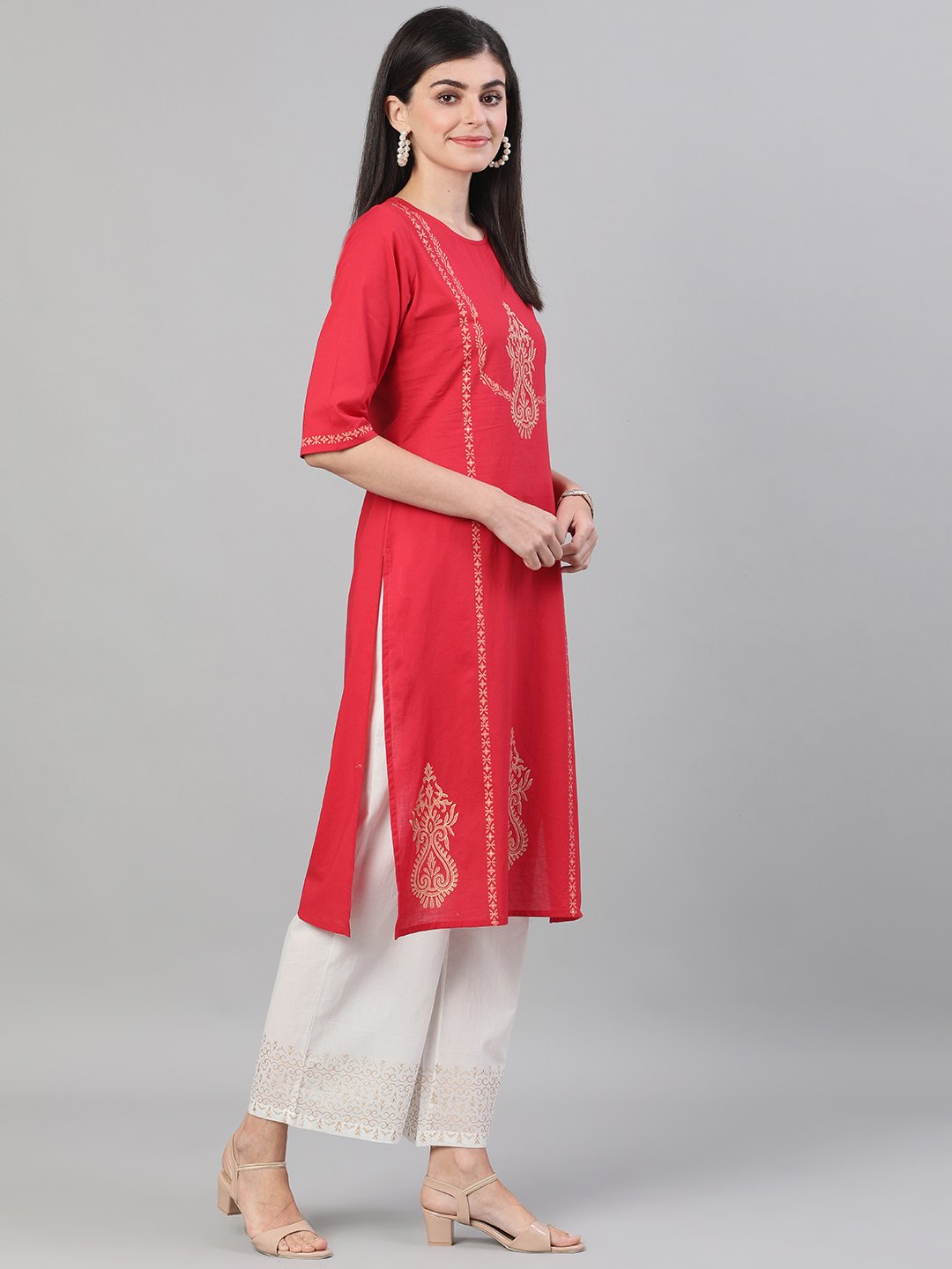 Women Red and White Three-Quarter Sleeves Block Printed Straight Kurta With Palazzo and pockets | NOZ2TOZ - Made In INDIA.