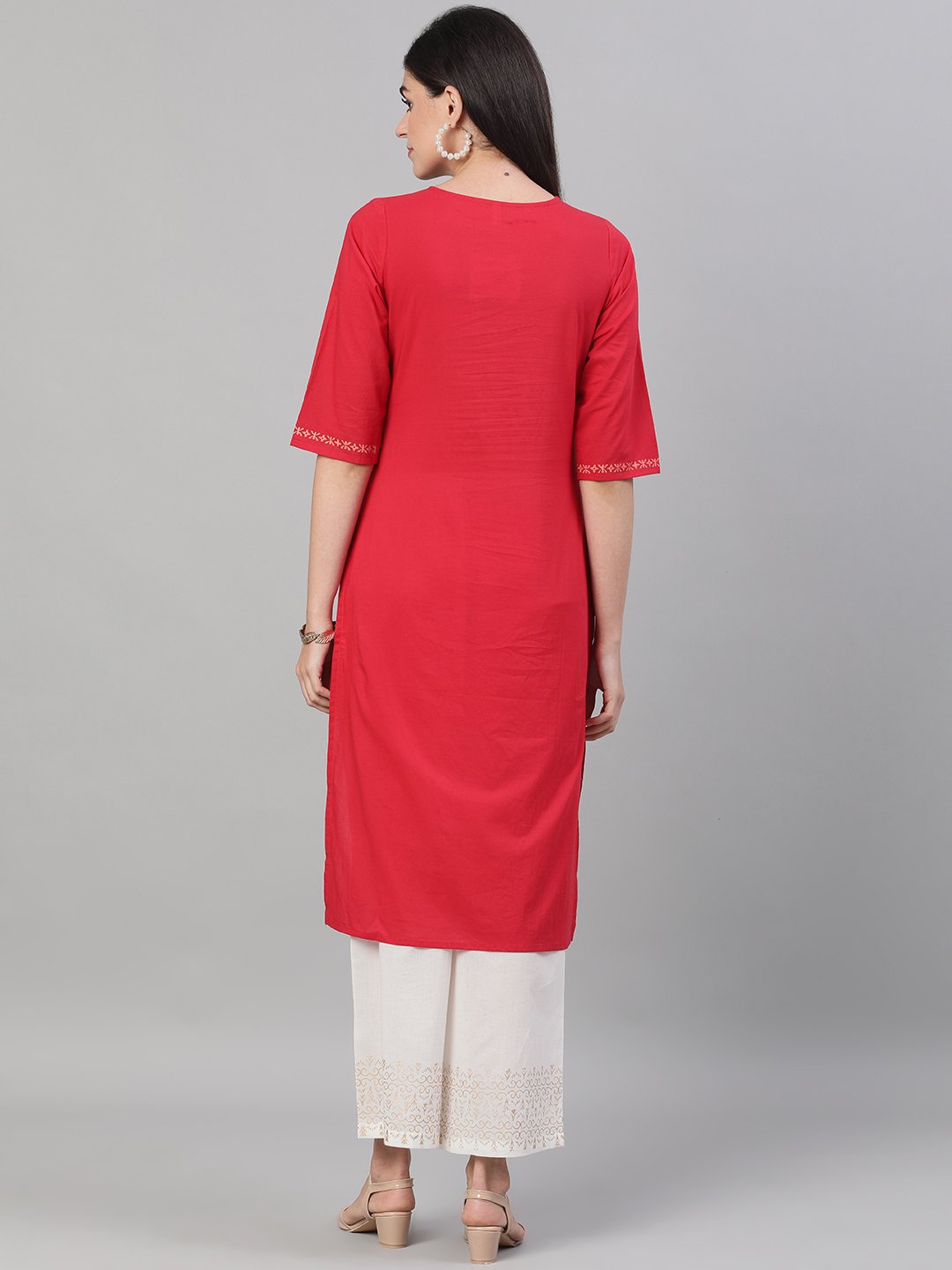 Women Red and White Three-Quarter Sleeves Block Printed Straight Kurta With Palazzo and pockets | NOZ2TOZ - Made In INDIA.