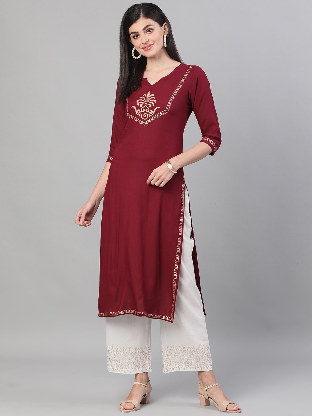 Women Burgundy and White Three-Quarter Sleeves Block Printed Straight Kurta With Palazzo and pockets | NOZ2TOZ - Made In INDIA.