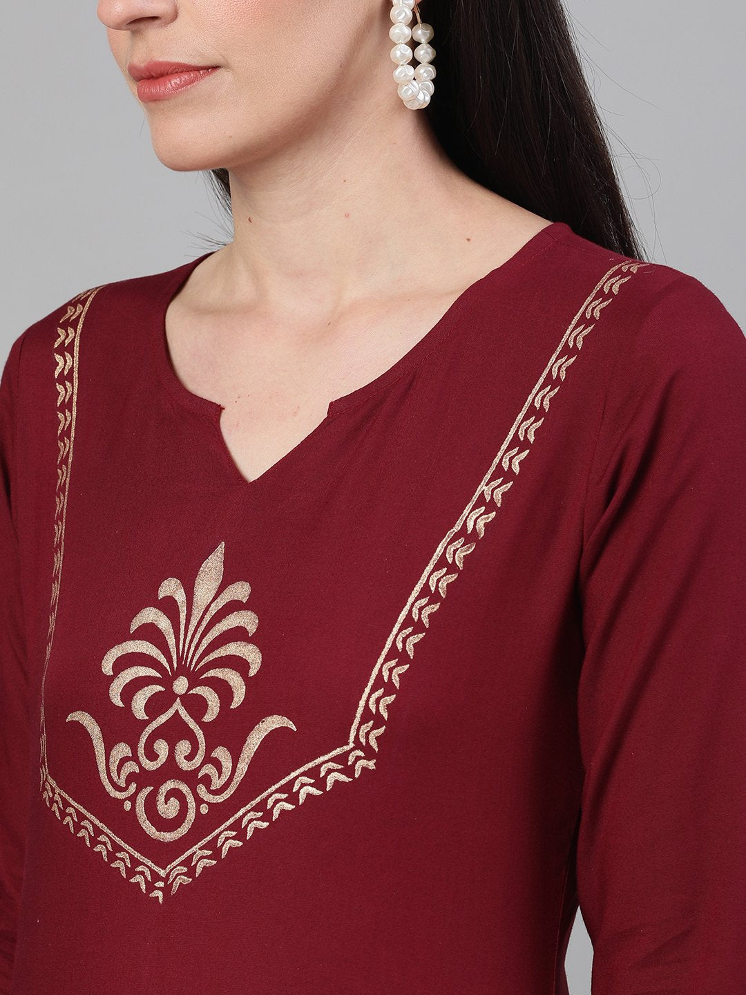 Women Burgundy and White Three-Quarter Sleeves Block Printed Straight Kurta With Palazzo and pockets | NOZ2TOZ - Made In INDIA.