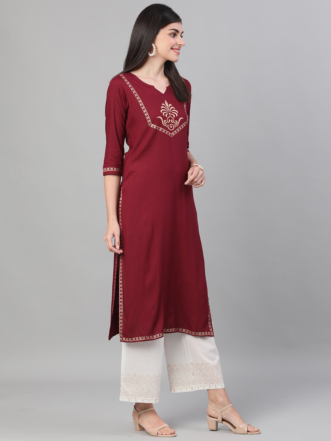 Women Burgundy and White Three-Quarter Sleeves Block Printed Straight Kurta With Palazzo and pockets | NOZ2TOZ - Made In INDIA.