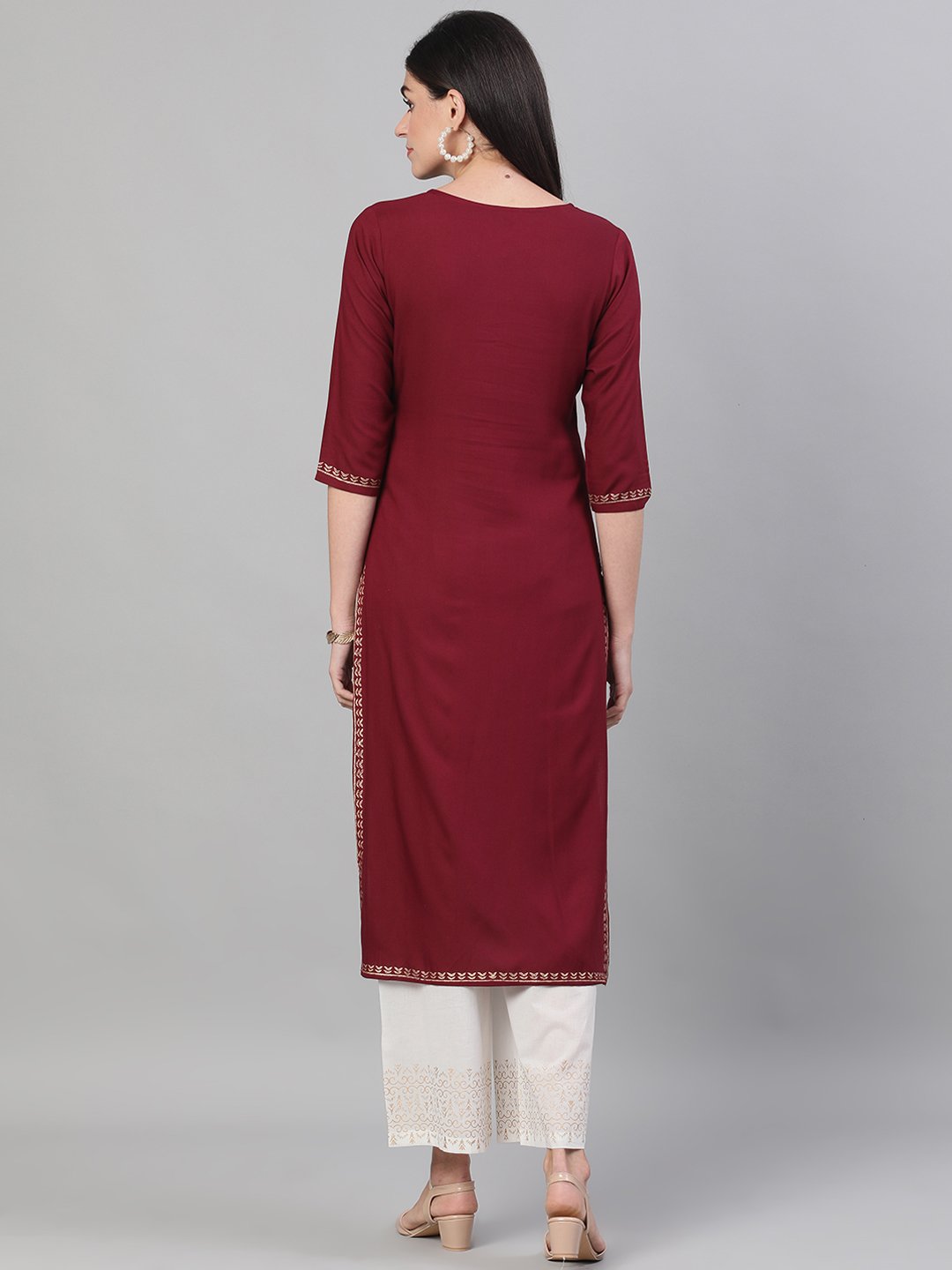 Women Burgundy and White Three-Quarter Sleeves Block Printed Straight Kurta With Palazzo and pockets | NOZ2TOZ - Made In INDIA.