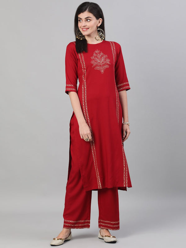 Women Maroon Three-Quarter Sleeves Block Printed Straight Kurta With Palazzo and pockets | NOZ2TOZ - Made In INDIA.