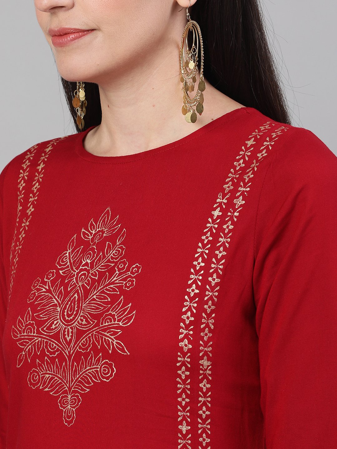 Women Maroon Three-Quarter Sleeves Block Printed Straight Kurta With Palazzo and pockets | NOZ2TOZ - Made In INDIA.