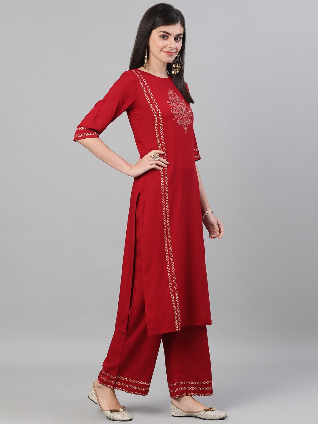 Women Maroon Three-Quarter Sleeves Block Printed Straight Kurta With Palazzo and pockets | NOZ2TOZ - Made In INDIA.