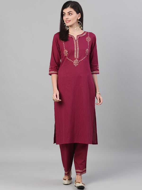 Women Wine Three-Quarter Sleeves Block Printed Straight Kurta With Palazzo and pockets | NOZ2TOZ - Made In INDIA.