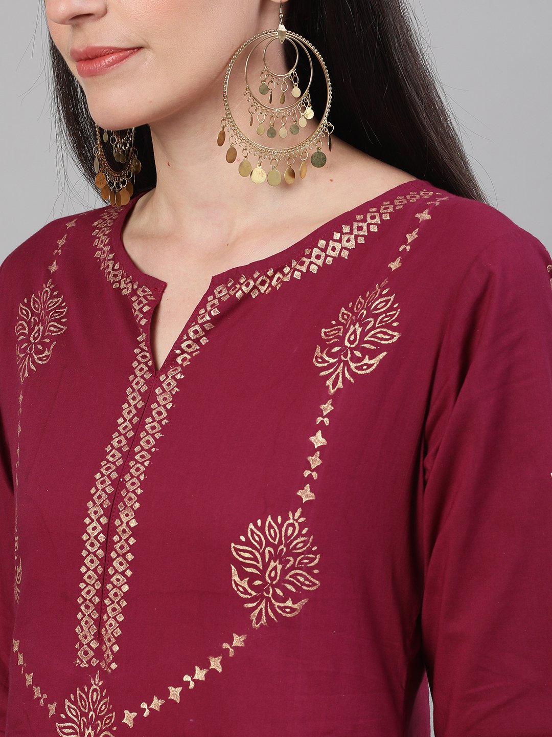 Women Wine Three-Quarter Sleeves Block Printed Straight Kurta With Palazzo and pockets | NOZ2TOZ - Made In INDIA.