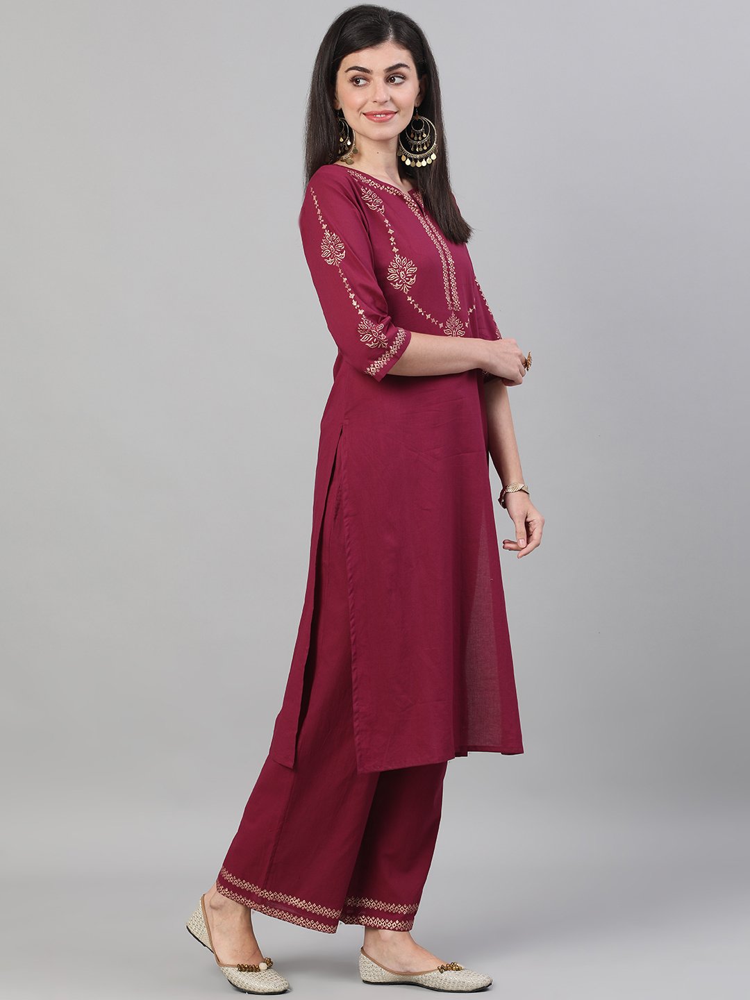 Women Wine Three-Quarter Sleeves Block Printed Straight Kurta With Palazzo and pockets | NOZ2TOZ - Made In INDIA.