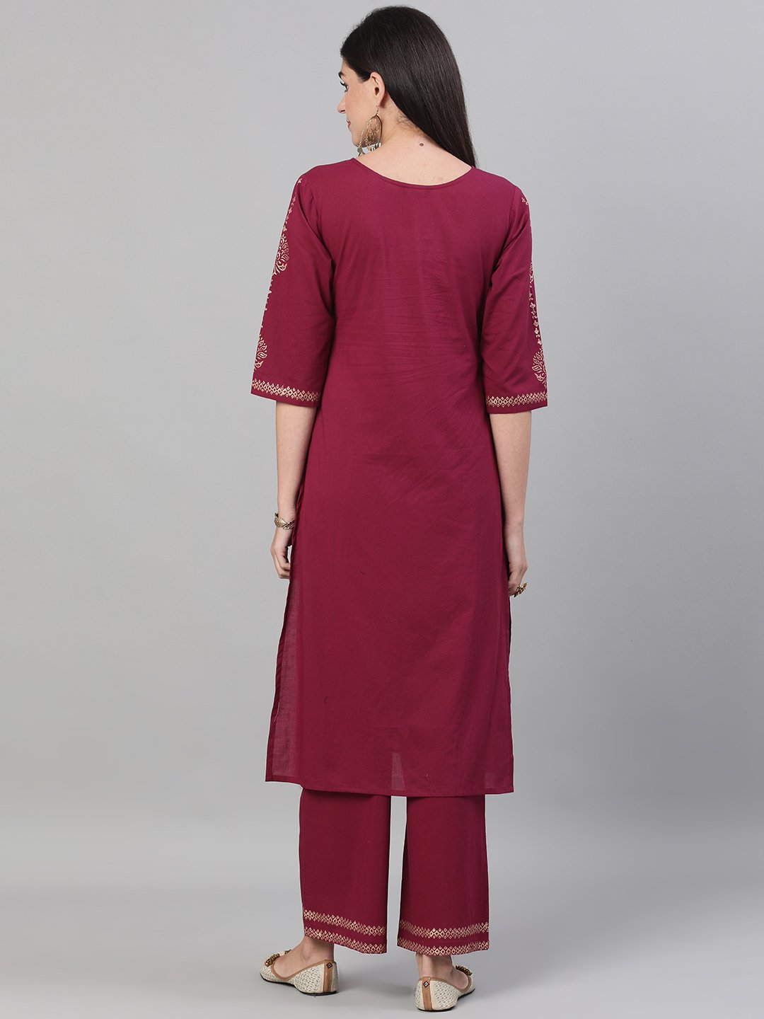 Women Wine Three-Quarter Sleeves Block Printed Straight Kurta With Palazzo and pockets | NOZ2TOZ - Made In INDIA.