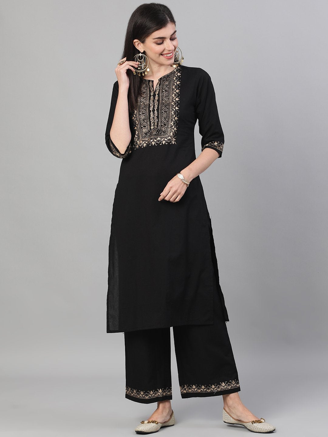 Women Black Three-Quarter Sleeves Block Printed Straight Kurta With Palazzo and pockets | NOZ2TOZ - Made In INDIA.