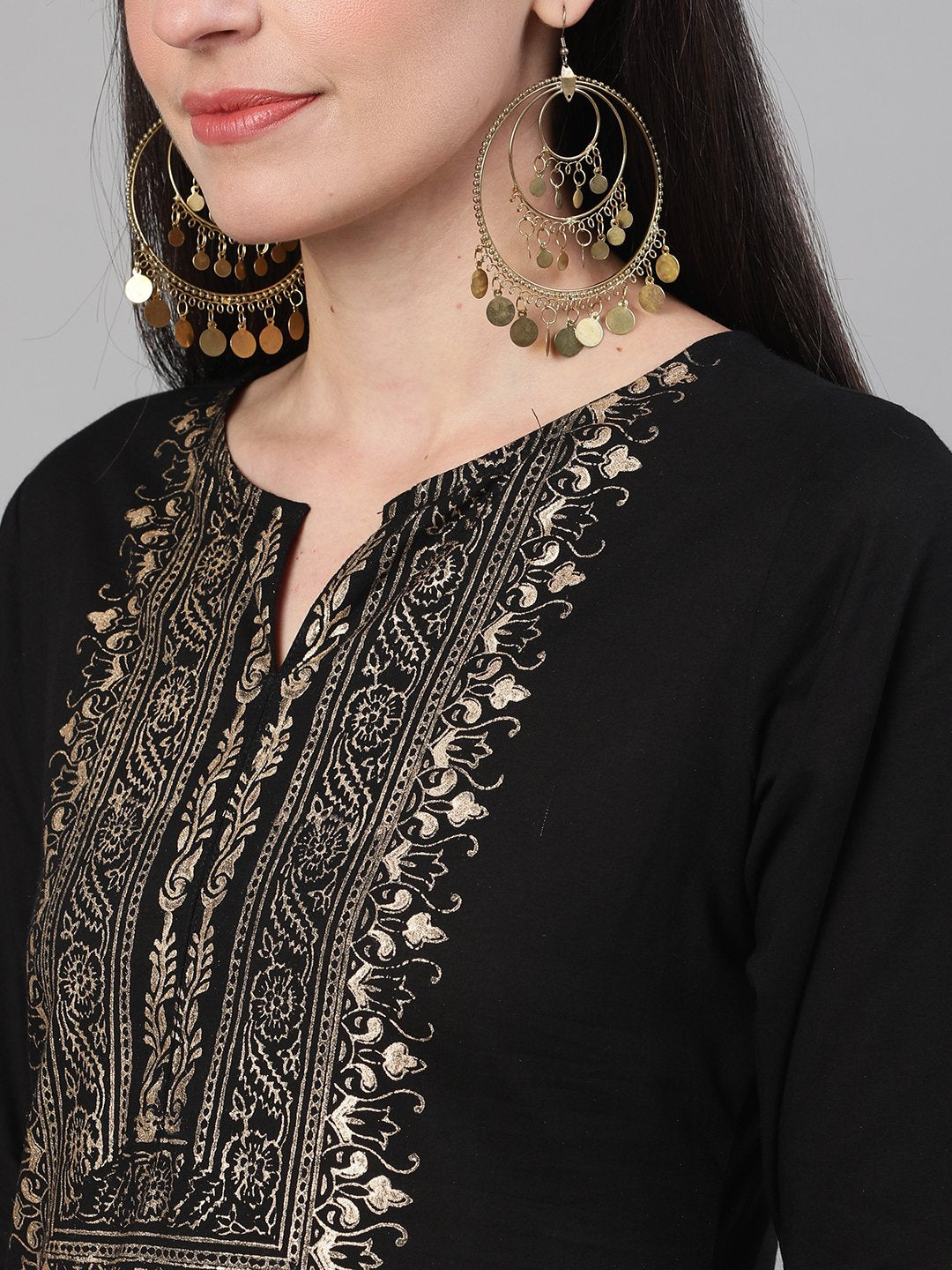 Women Black Three-Quarter Sleeves Block Printed Straight Kurta With Palazzo and pockets | NOZ2TOZ - Made In INDIA.