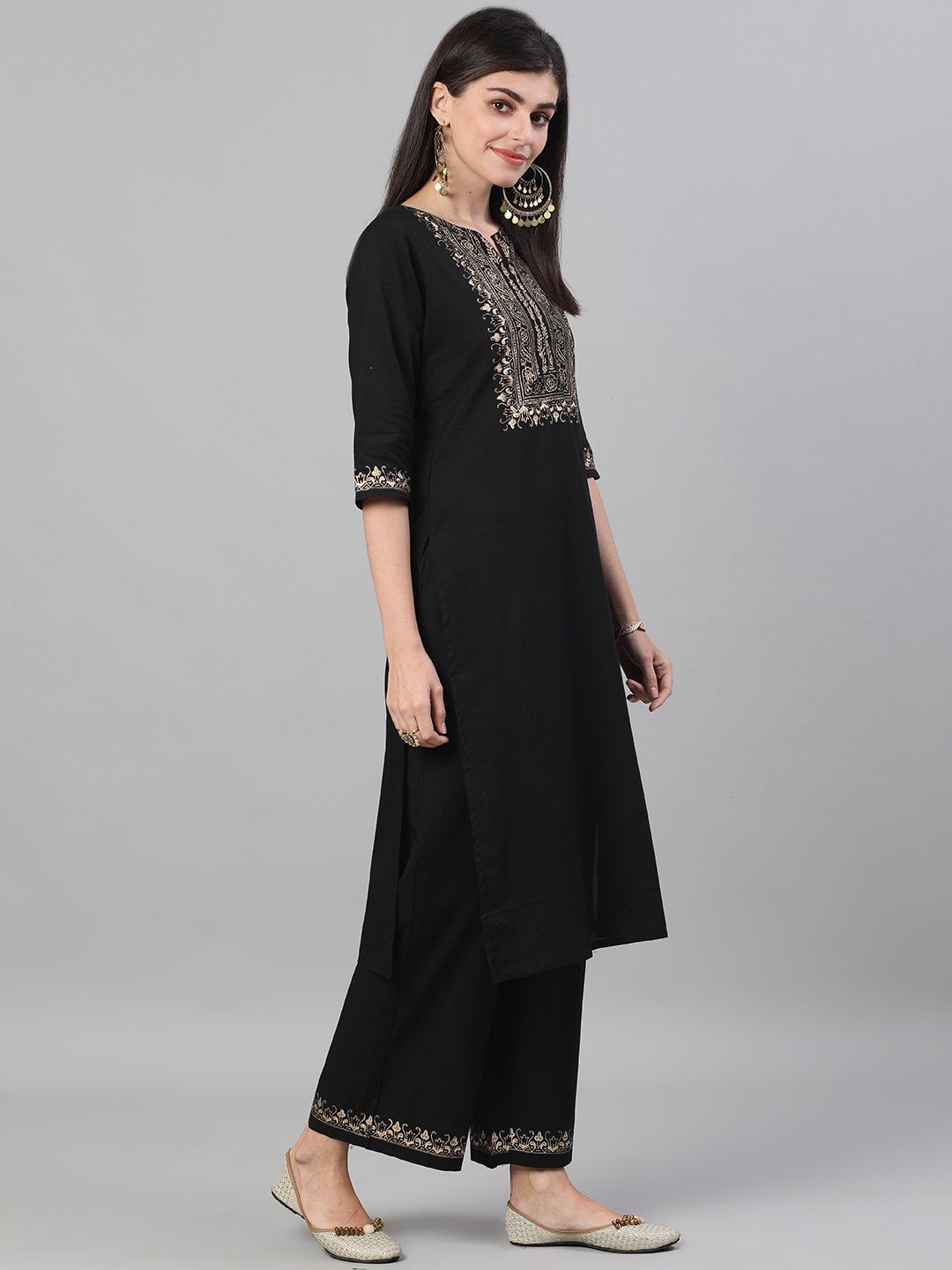 Women Black Three-Quarter Sleeves Block Printed Straight Kurta With Palazzo and pockets | NOZ2TOZ - Made In INDIA.