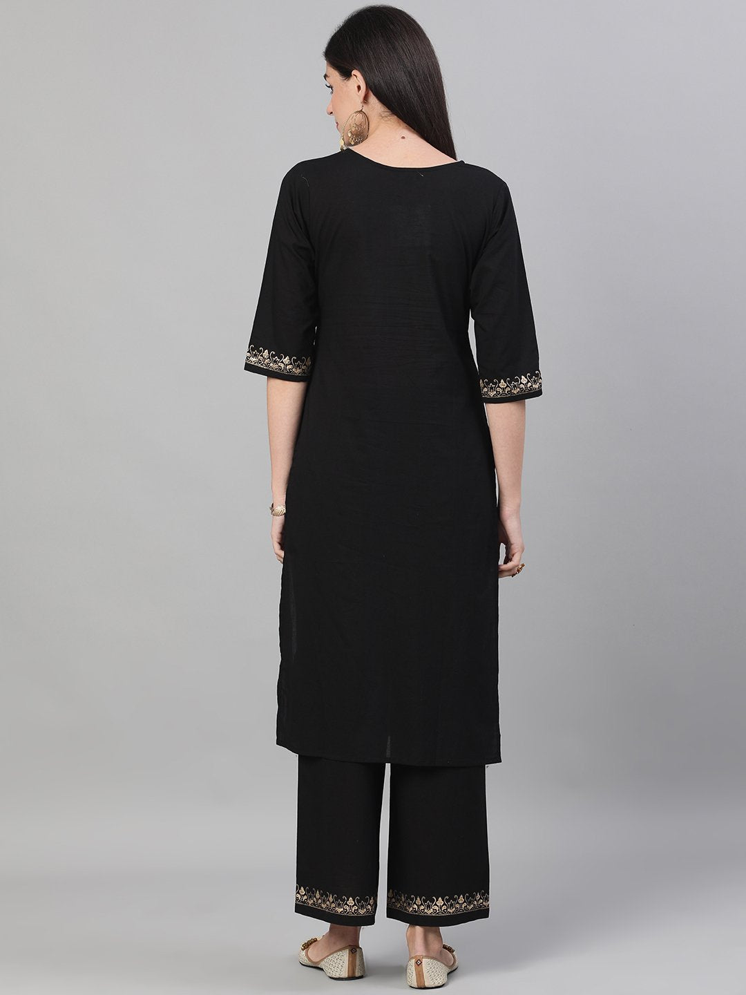 Women Black Three-Quarter Sleeves Block Printed Straight Kurta With Palazzo and pockets | NOZ2TOZ - Made In INDIA.