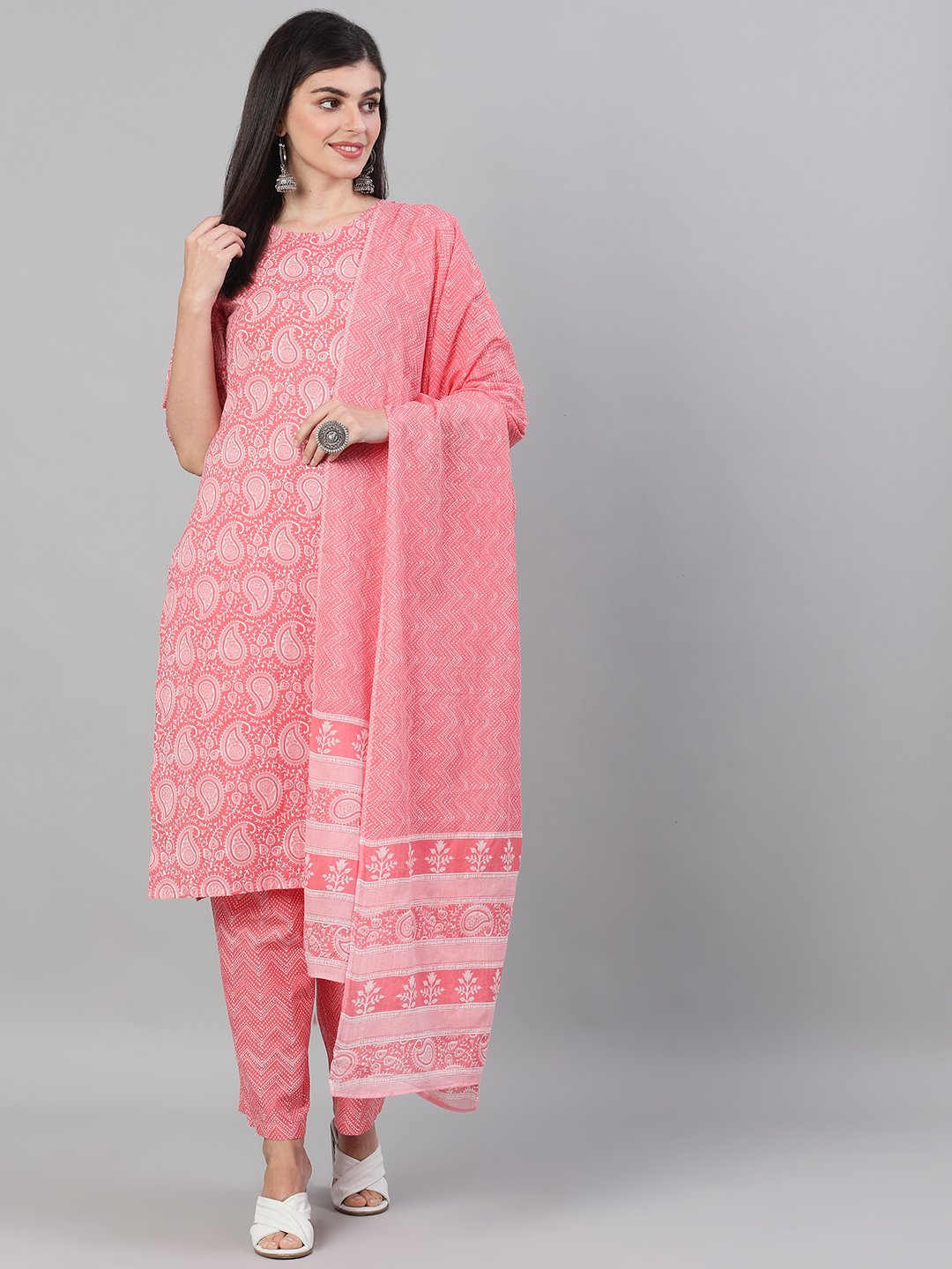 Women Pink Three-Quarter Sleeves Ethnic Motif Printed Straight Kurta-Palazzo with pockets and Dupatta | NOZ2TOZ - Made In INDIA.