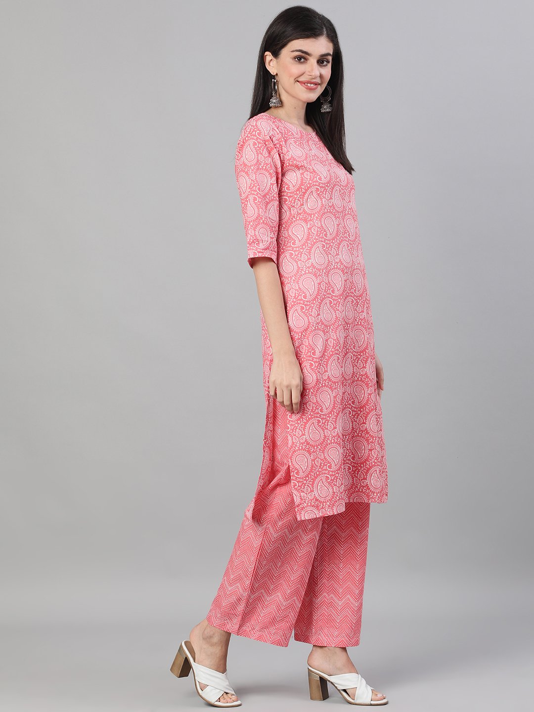 Women Pink Three-Quarter Sleeves Ethnic Motif Printed Straight Kurta-Palazzo with pockets and Dupatta | NOZ2TOZ - Made In INDIA.