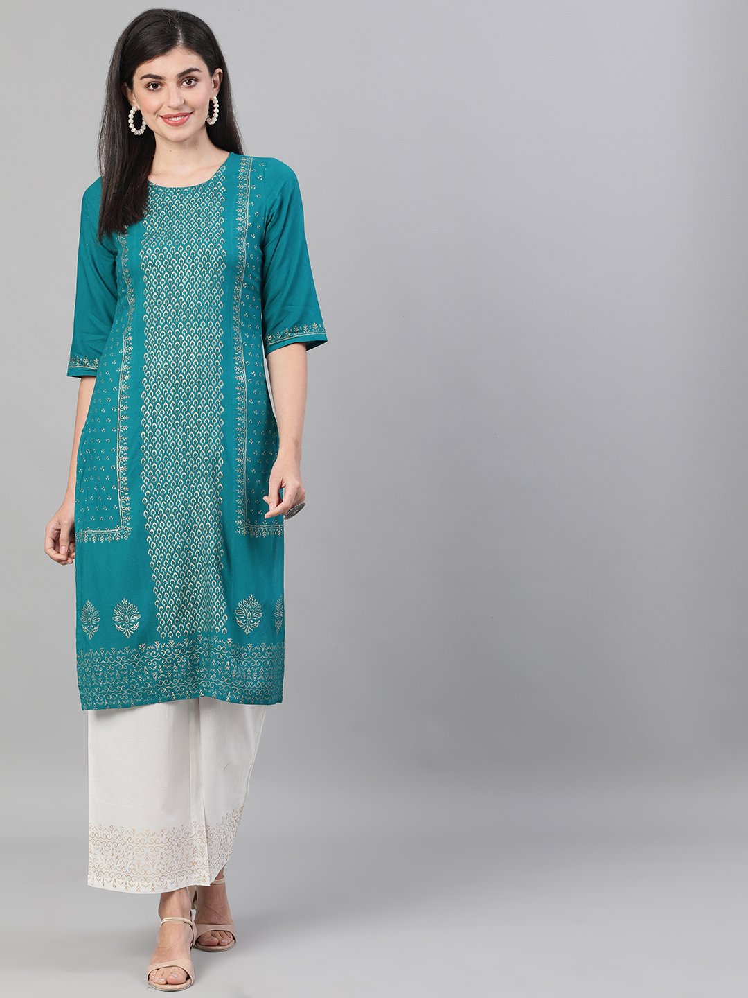 Women Rama Green and White Three-Quarter Sleeves Block Printed Straight Kurta With Palazzo and pockets | NOZ2TOZ - Made In INDIA.