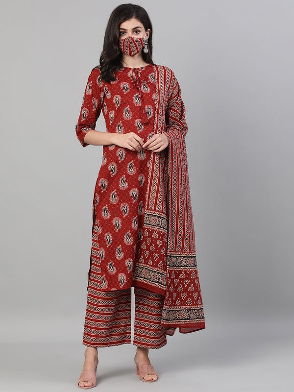 Women Maroon and Black Three-Quarter Sleeves Printed Kurta-Palazzo with pockets Dupatta and Fask Mask | NOZ2TOZ - Made In INDIA.