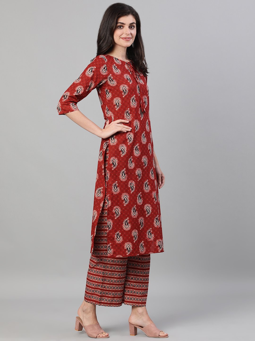 Women Maroon and Black Three-Quarter Sleeves Printed Kurta-Palazzo with pockets Dupatta and Fask Mask | NOZ2TOZ - Made In INDIA.