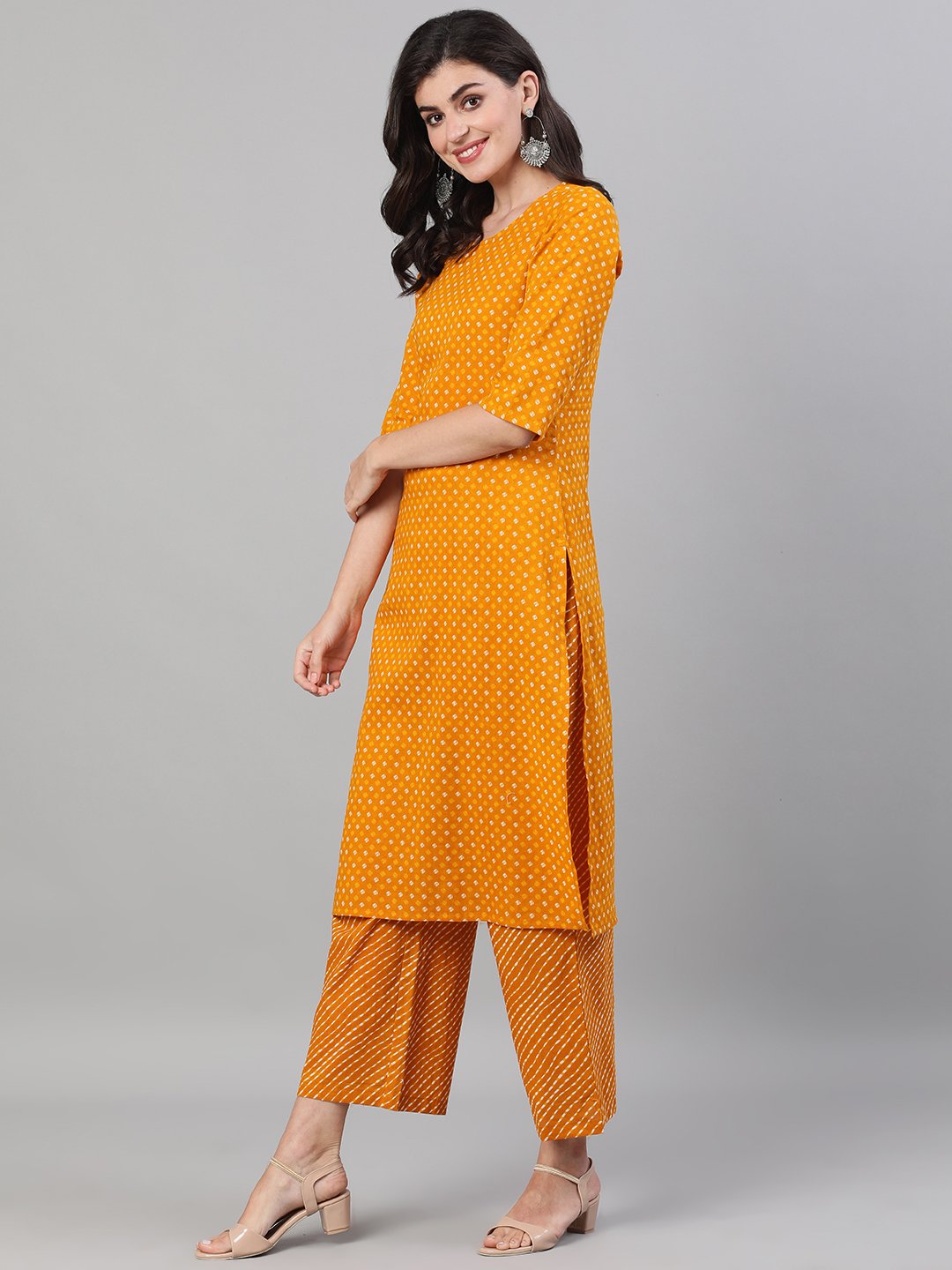 Women Yellow Three-Quarter Sleeves Printed Kurta-Palazzo with pockets Dupatta and Fask Mask | NOZ2TOZ - Made In INDIA.