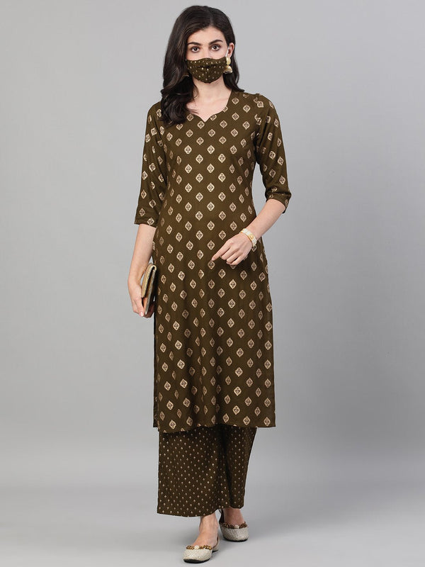 Women Mehendi Green Three-Quarter Sleeves Gold Printed Kurta-Palazzo with pockets and Fask Mask | NOZ2TOZ - Made In INDIA.