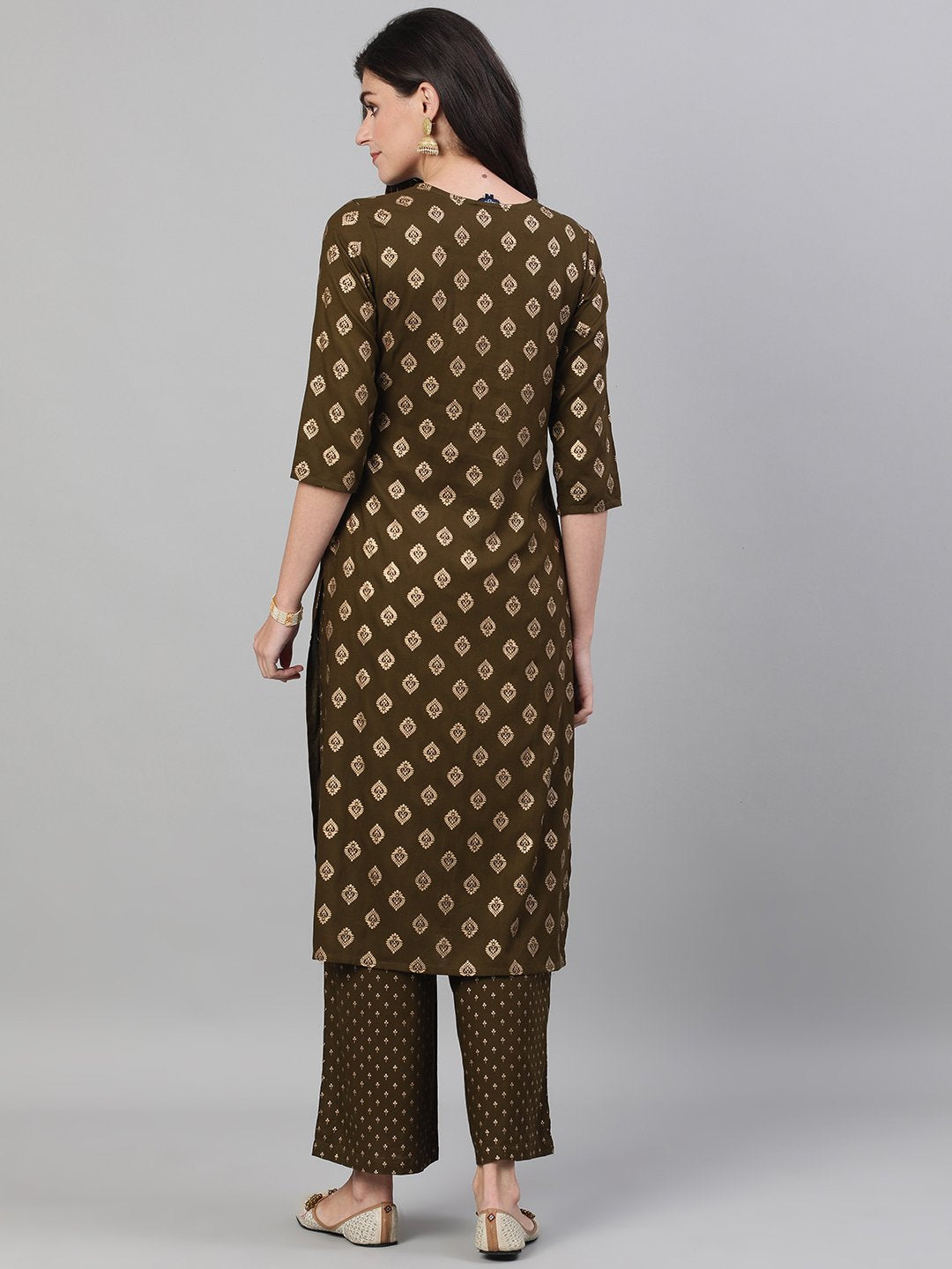 Women Mehendi Green Three-Quarter Sleeves Gold Printed Kurta-Palazzo with pockets and Fask Mask | NOZ2TOZ - Made In INDIA.