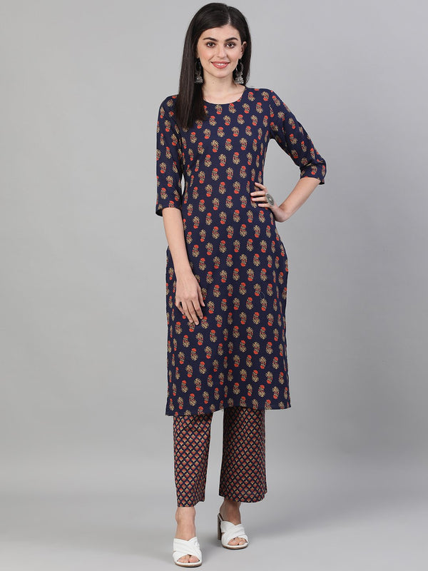 Women Blue Three-Quarter Sleeves Floral Printed Kurta and Palazzo with pockets | NOZ2TOZ - Made In INDIA.