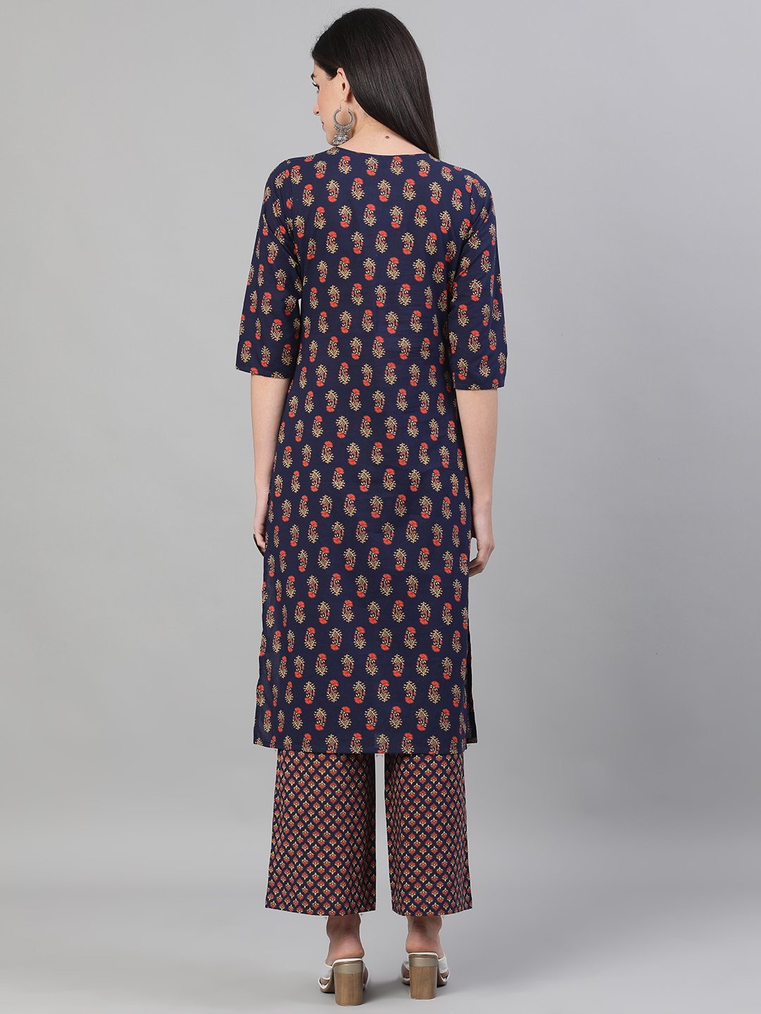 Women Blue Three-Quarter Sleeves Floral Printed Kurta and Palazzo with pockets | NOZ2TOZ - Made In INDIA.