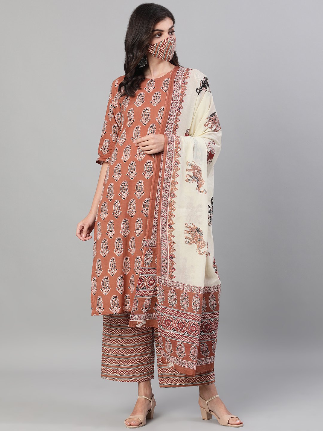 Women Rose Gold Three-Quarter Sleeves Printed Kurta-Palazzo with pockets Dupatta and Face Mask | NOZ2TOZ - Made In INDIA.