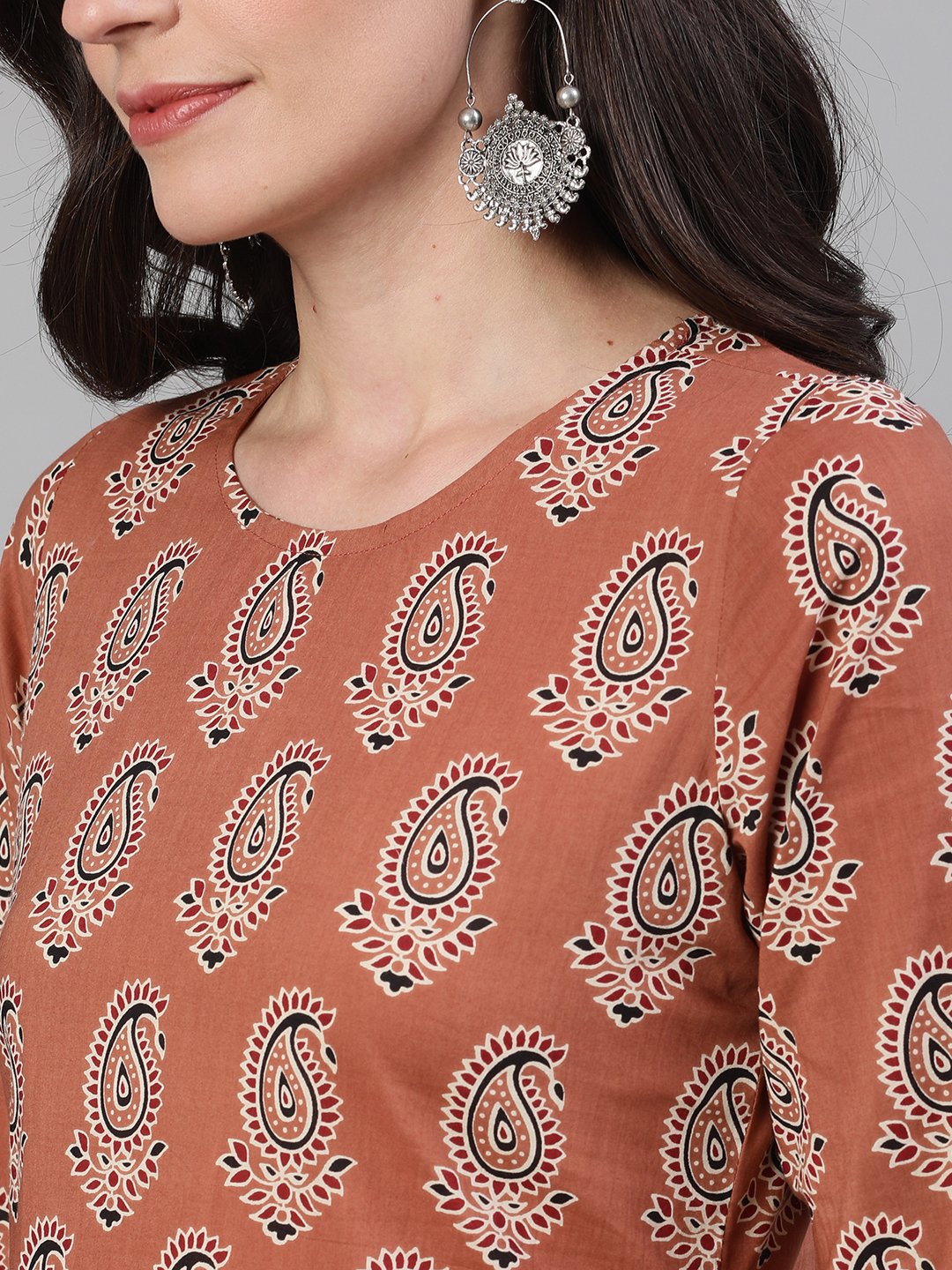 Women Rose Gold Three-Quarter Sleeves Printed Kurta-Palazzo with pockets Dupatta and Face Mask | NOZ2TOZ - Made In INDIA.