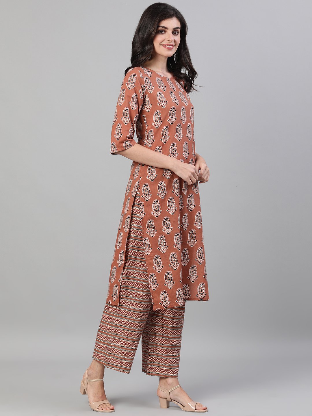 Women Rose Gold Three-Quarter Sleeves Printed Kurta-Palazzo with pockets Dupatta and Face Mask | NOZ2TOZ - Made In INDIA.