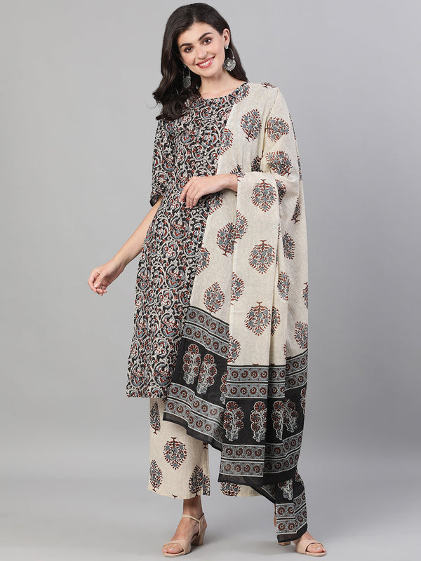 Women Black and White Three-Quarter Sleeves Printed Kurta-Palazzo with pockets Dupatta and Face Mask | NOZ2TOZ - Made In INDIA.