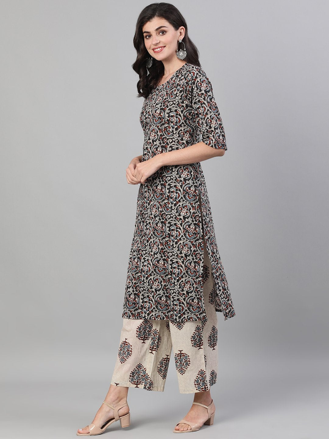 Women Black and White Three-Quarter Sleeves Printed Kurta-Palazzo with pockets Dupatta and Face Mask | NOZ2TOZ - Made In INDIA.