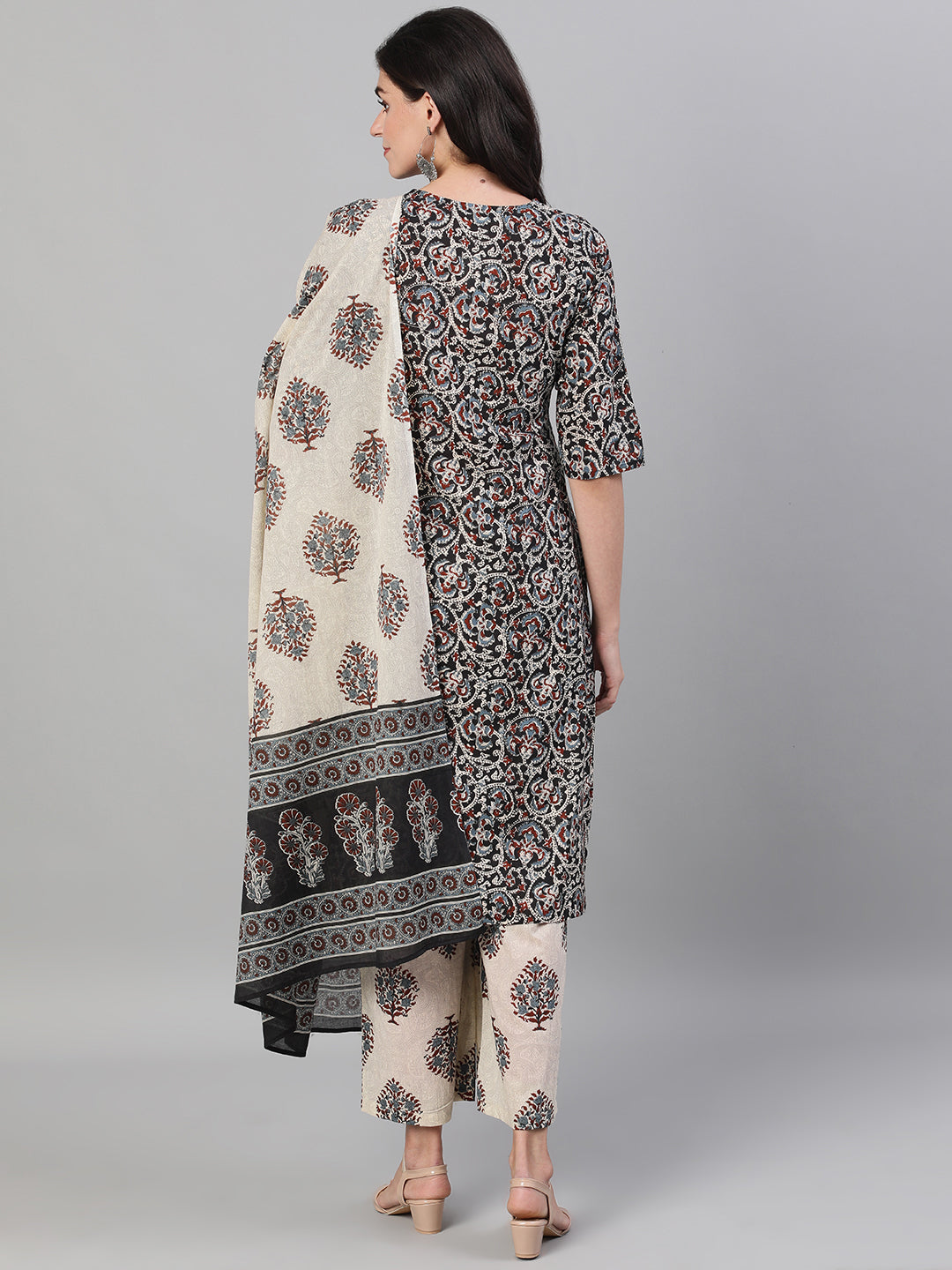 Women Black and White Three-Quarter Sleeves Printed Kurta-Palazzo with pockets Dupatta and Face Mask | NOZ2TOZ - Made In INDIA.