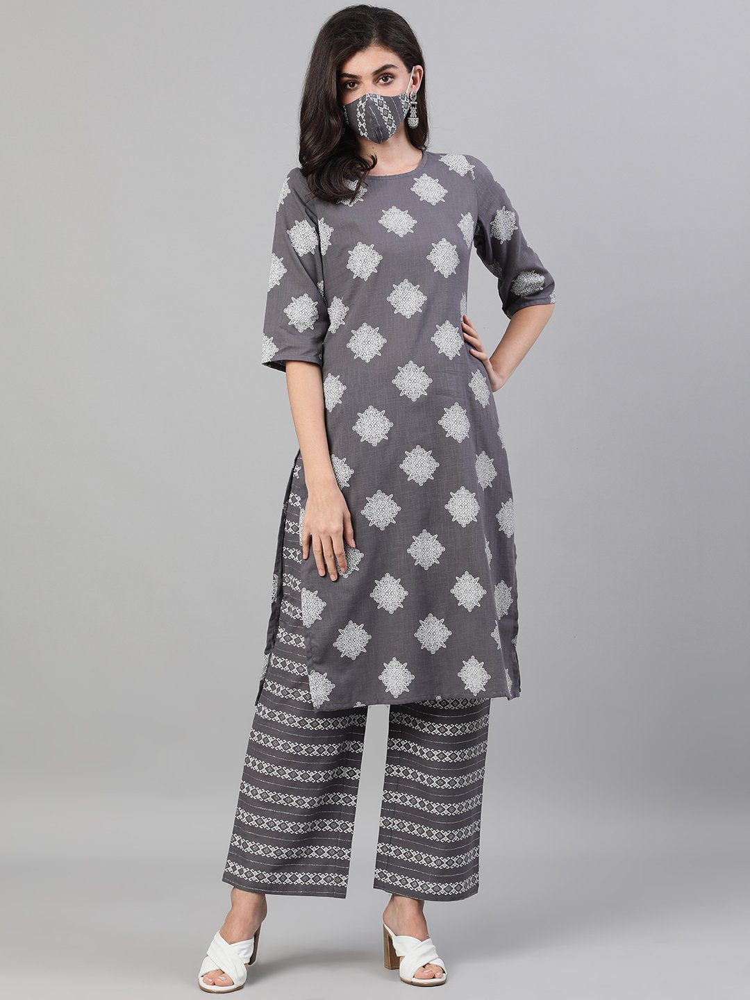 Women Steel Grey Three-Quarter Sleeves Printed Kurta-Palazzo with pockets and Face Mask | NOZ2TOZ - Made In INDIA.