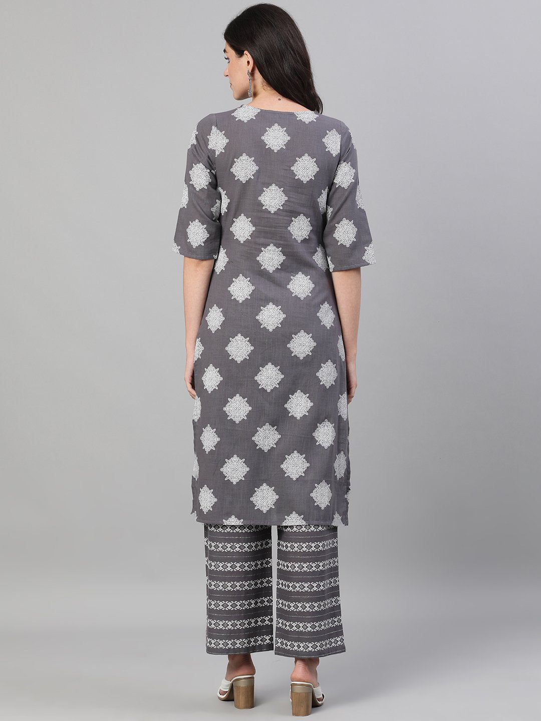 Women Steel Grey Three-Quarter Sleeves Printed Kurta-Palazzo with pockets and Face Mask | NOZ2TOZ - Made In INDIA.