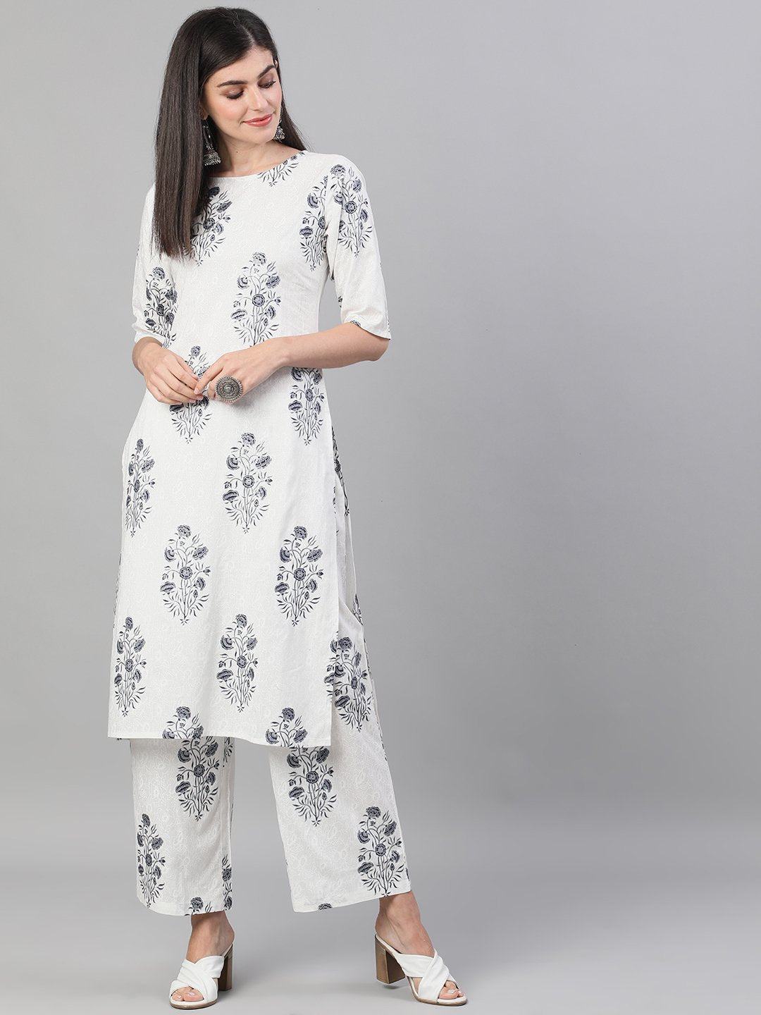 Women White and Blue Three-Quarter Sleeves Printed Kurta-Palazzo with pockets | NOZ2TOZ - Made In INDIA.