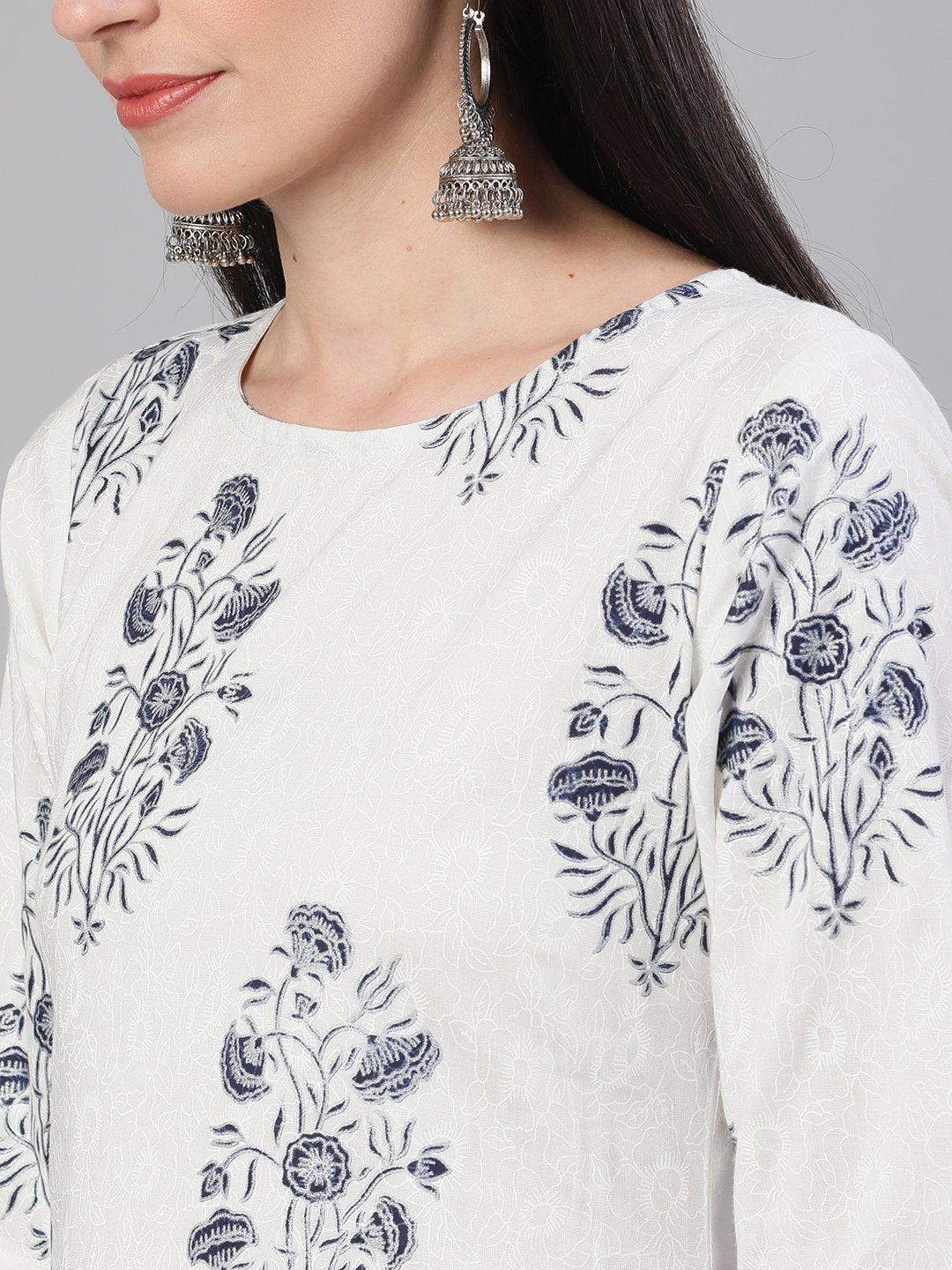 Women White and Blue Three-Quarter Sleeves Printed Kurta-Palazzo with pockets | NOZ2TOZ - Made In INDIA.