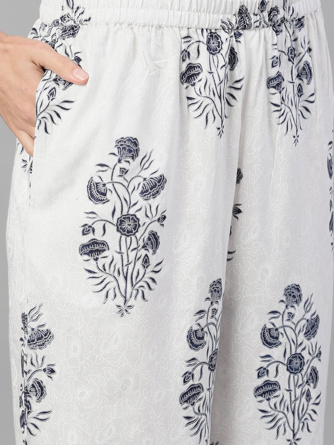 Women White and Blue Three-Quarter Sleeves Printed Kurta-Palazzo with pockets | NOZ2TOZ - Made In INDIA.