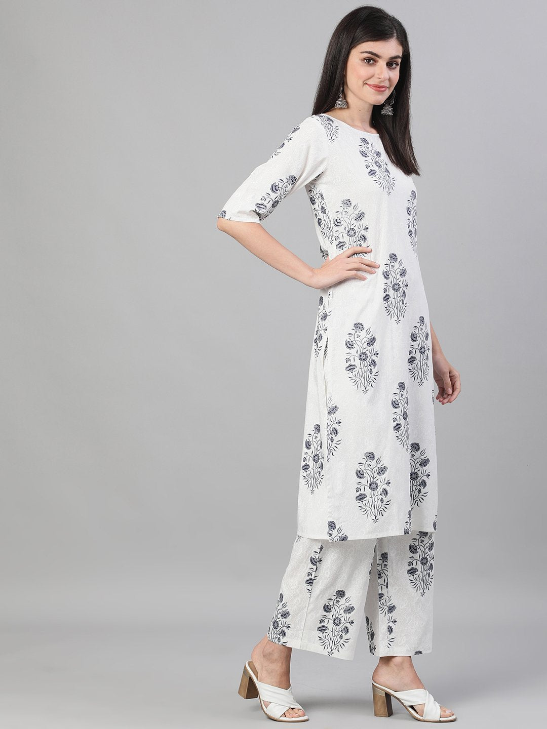 Women White and Blue Three-Quarter Sleeves Printed Kurta-Palazzo with pockets | NOZ2TOZ - Made In INDIA.