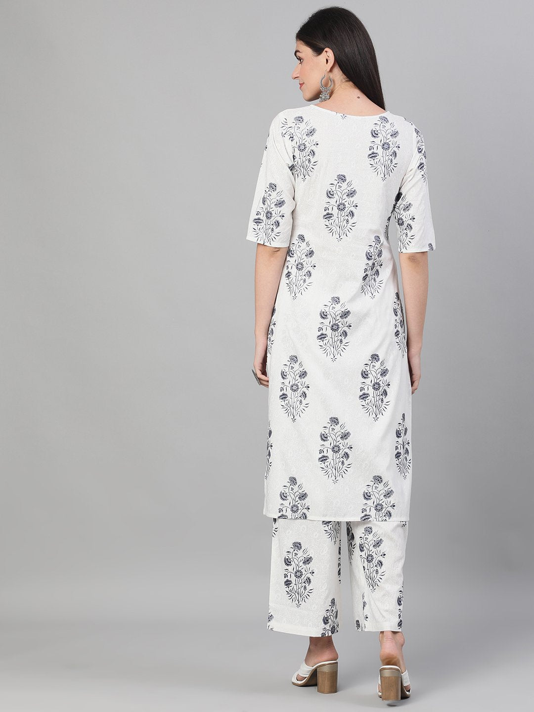 Women White and Blue Three-Quarter Sleeves Printed Kurta-Palazzo with pockets | NOZ2TOZ - Made In INDIA.