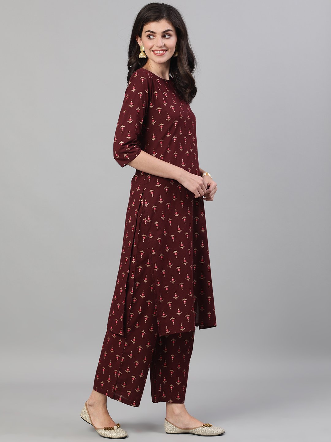 Women Wine Three-Quarter Sleeves Printed Kurta-Palazzo with pockets and Face Mask | NOZ2TOZ - Made In INDIA.